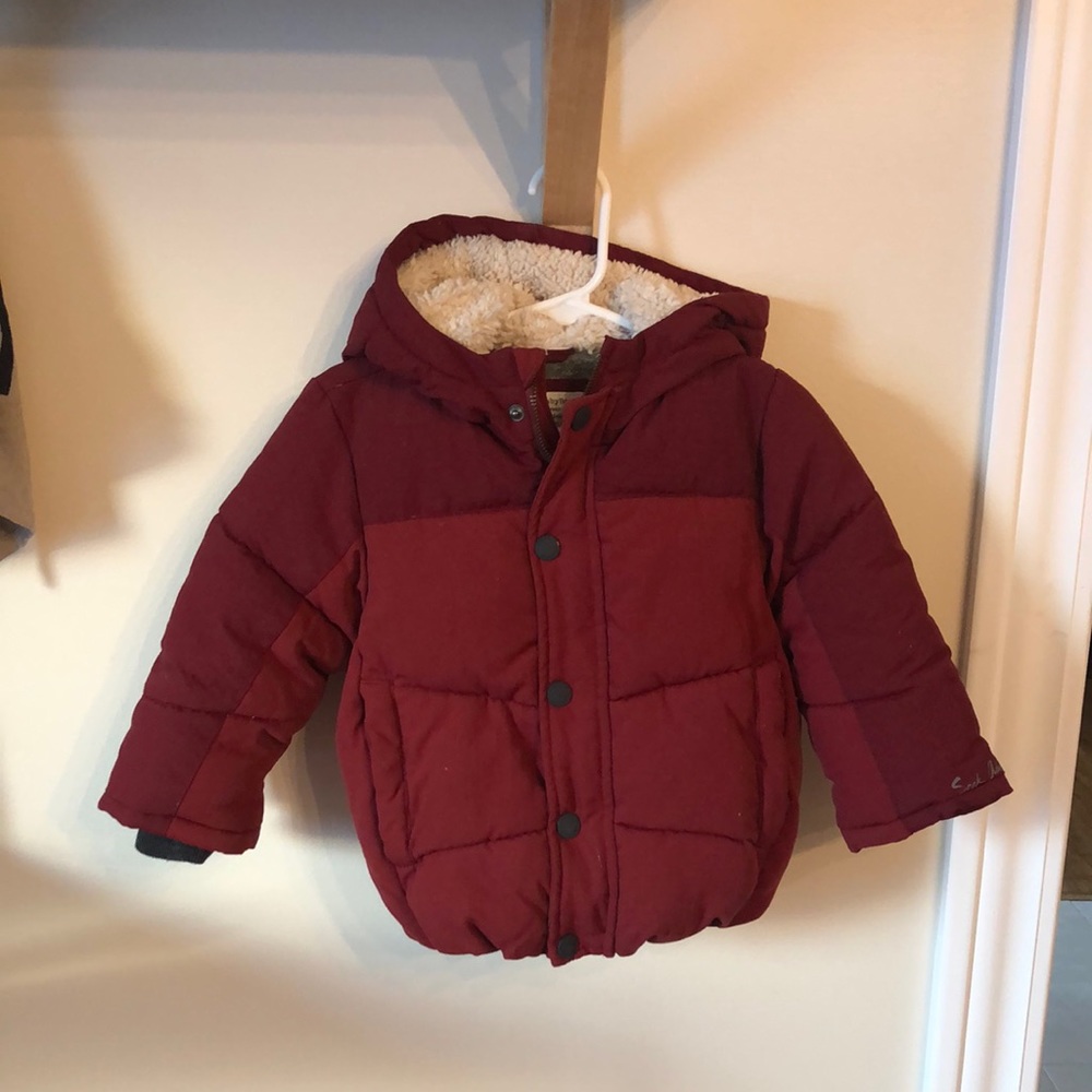 Zara Baby Boy Sherpa Lined Puffer Jacket Burgundy Hooded Coat 18-24M